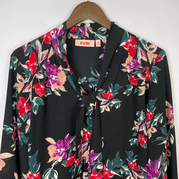EVRI | NWT Black Multi Color Floral Print Tie Neck Long Sleeve Career Blouse - Picture 4 of 10